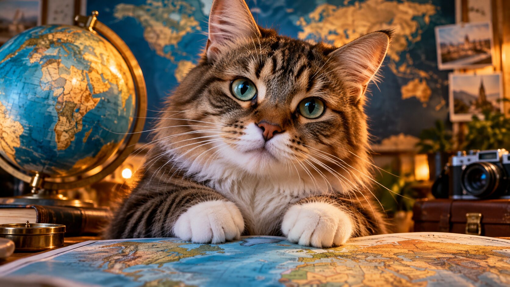 Домашняя кошка на фоне карты мира