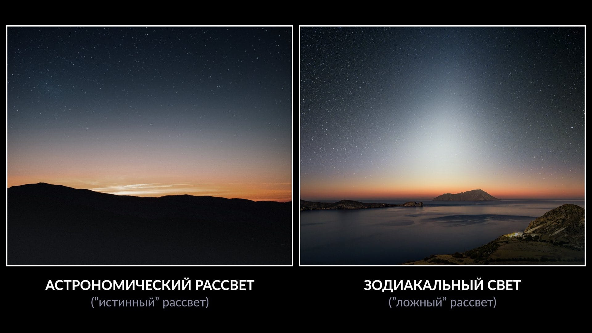 Сравнение астрономического рассвета и зодиакального света на закате