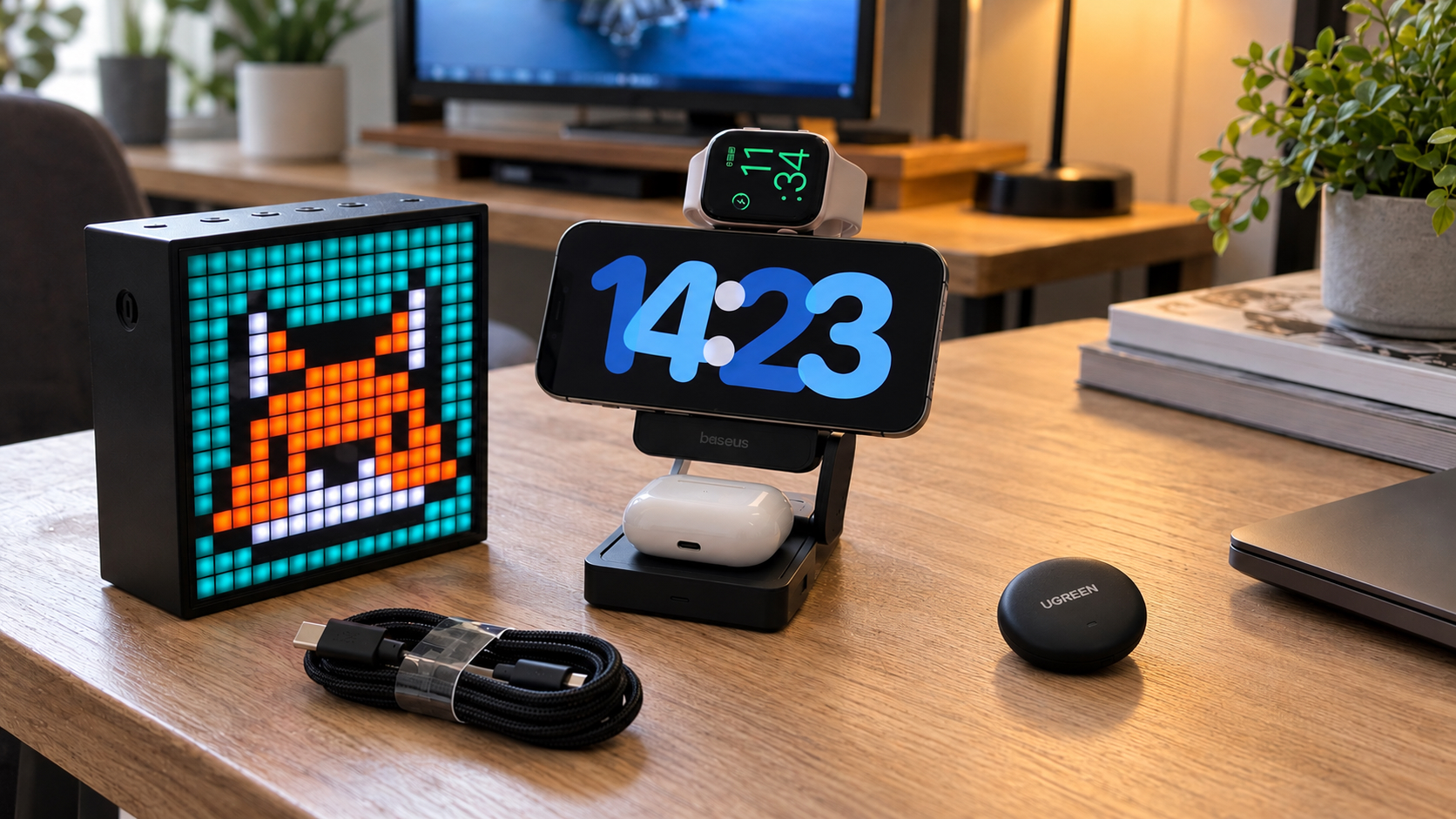 Пиксельная колонка Divoom, зарядная станция Baseus с iPhone, Apple Watch и AirPods, трекер UGREEN и плетеный кабель на деревянном столе