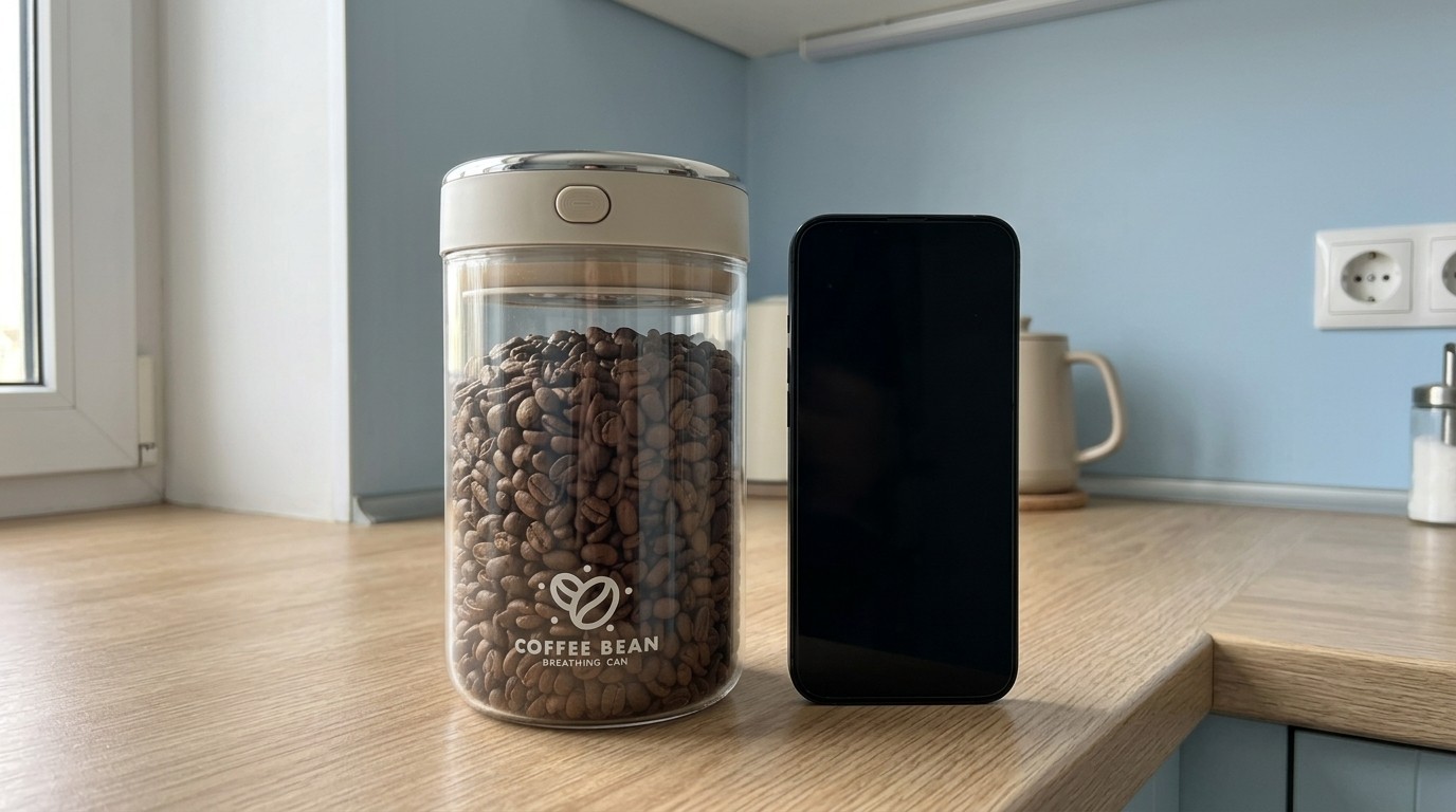 Банка для кофе рядом со смартфоном для сравнения размера