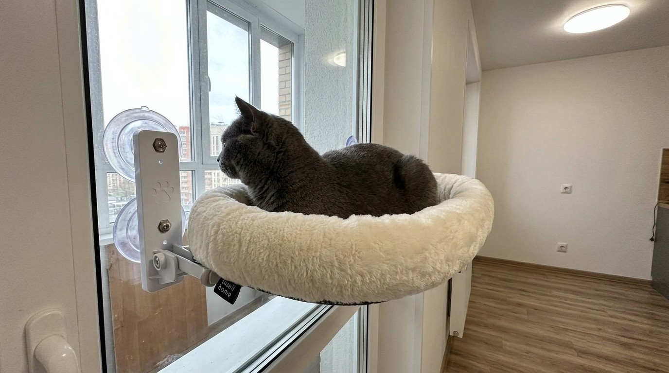 Кот лежит в подвесном гамаке на окне