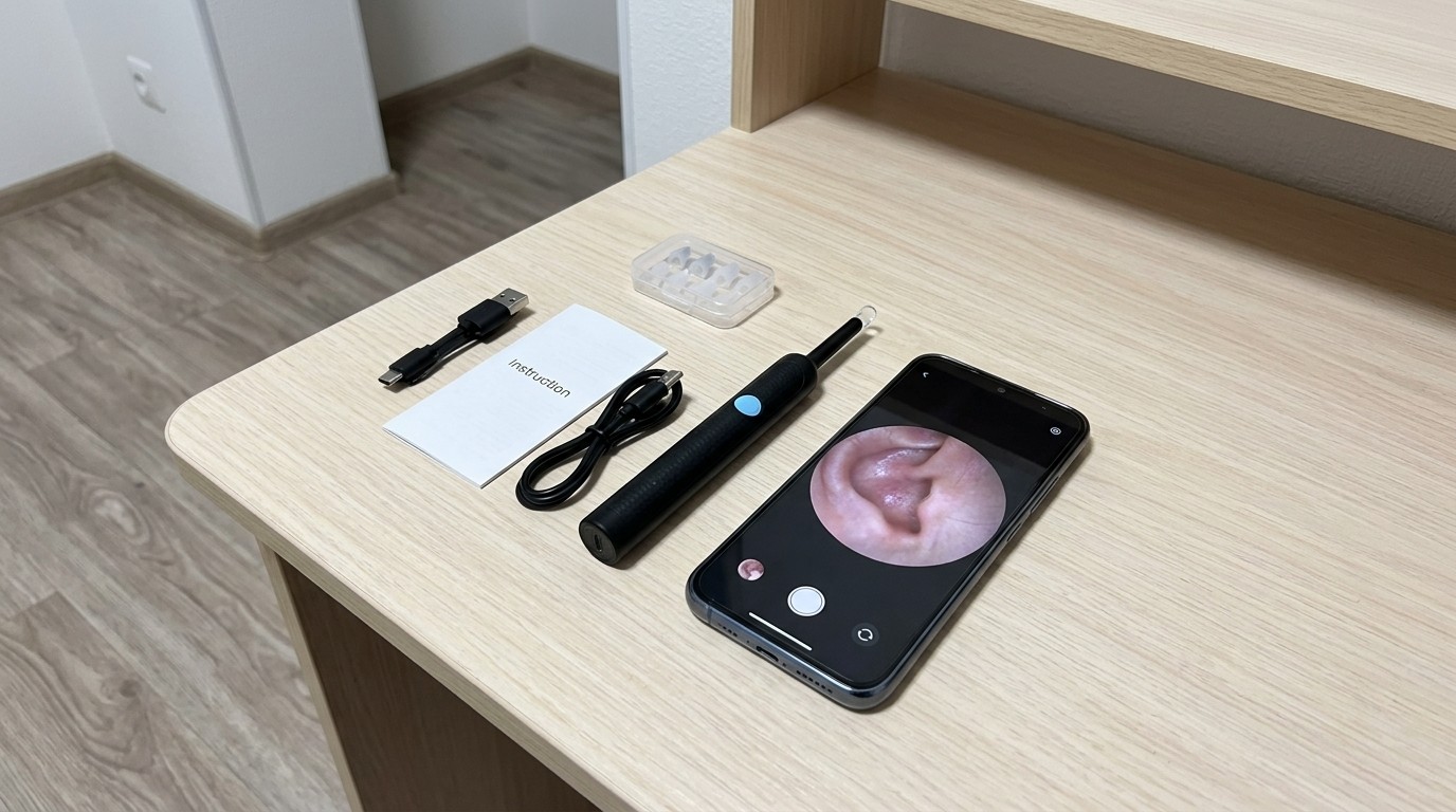 Ушной эндоскоп и смартфон с изображением уха на экране
