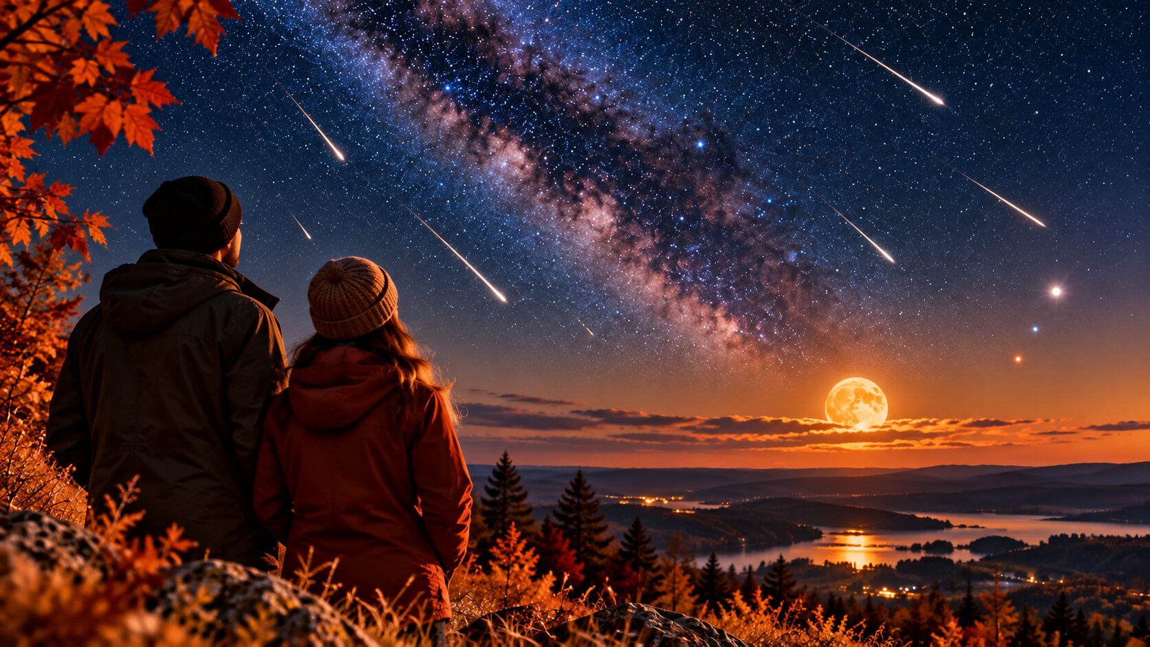 Два человека наблюдают полную Луну, планеты, звёзды и метеоры на ночном небе