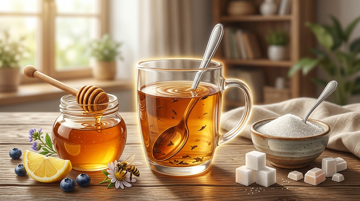 Чай с медом, лимоном и сахаром на столе