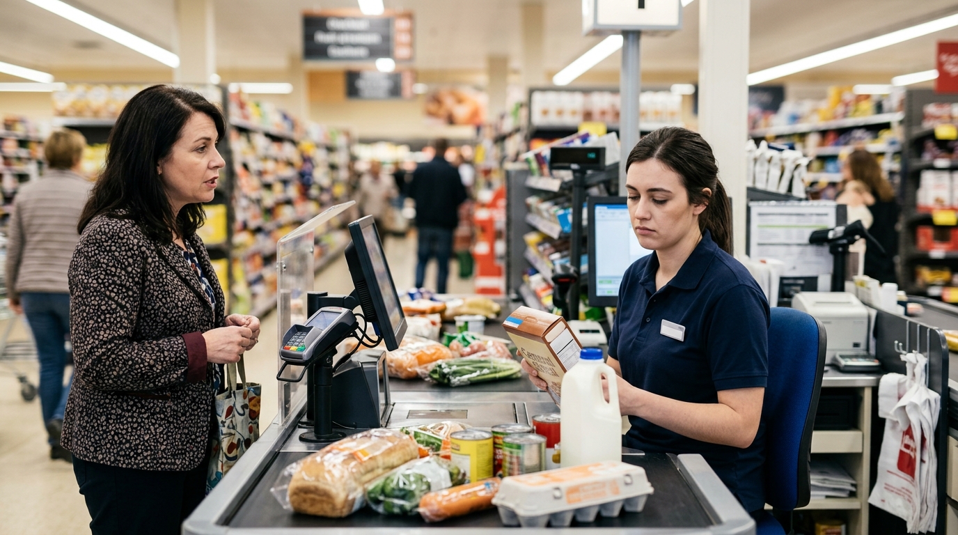 Покупательница разговаривает с кассиром у ленты с продуктами