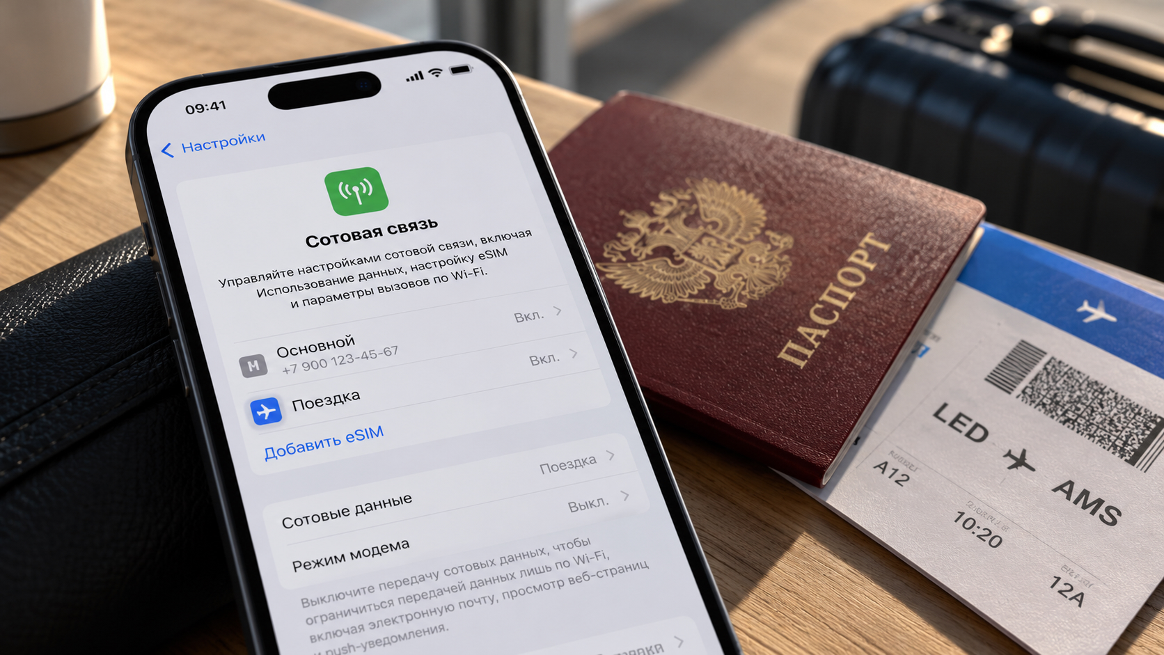 iPhone с открытым разделом «Сотовая связь», где рядом с основным номером добавлена eSIM «Поездка». На столе лежат паспорт и посадочный талон