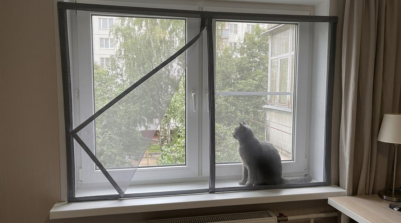 Сетка на липучке на окне, кошка на подоконнике