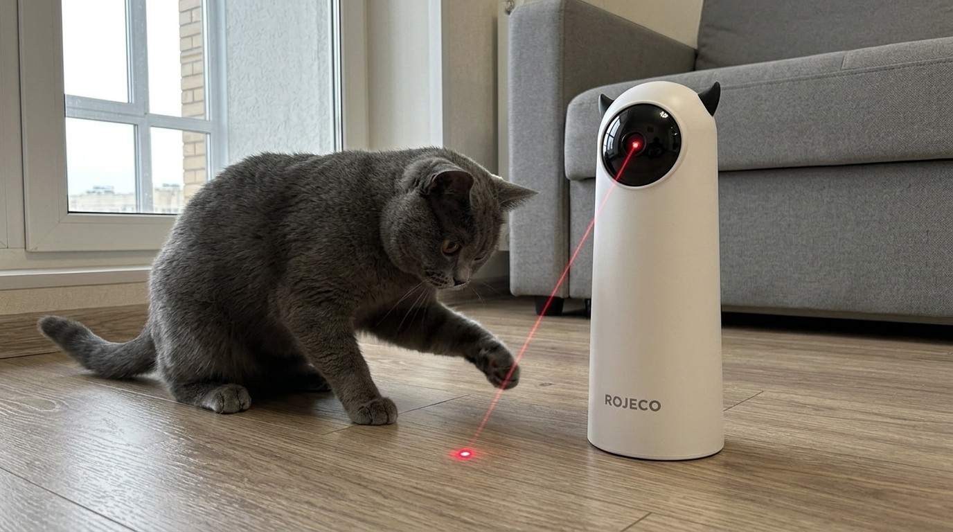 Кошка гоняется за точкой лазера ROJECO