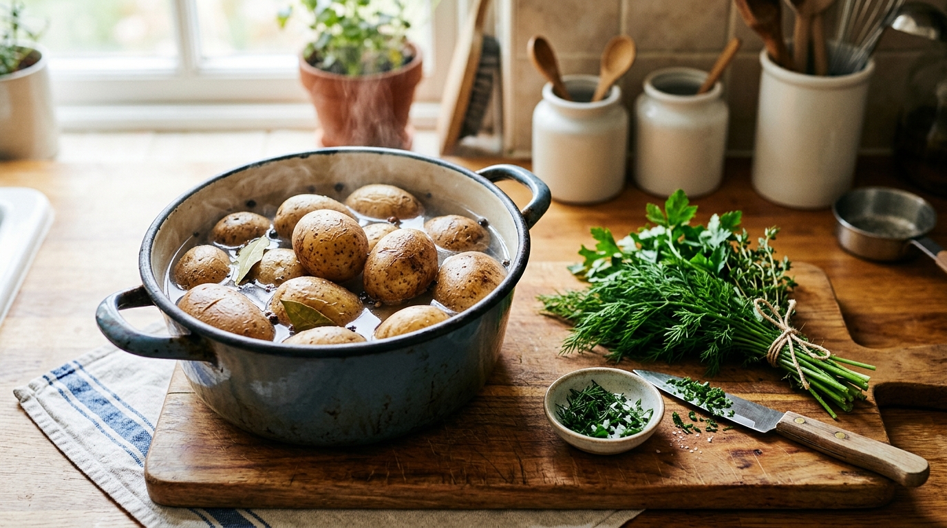 Картофель в кастрюле со свежей зеленью на кухонном столе