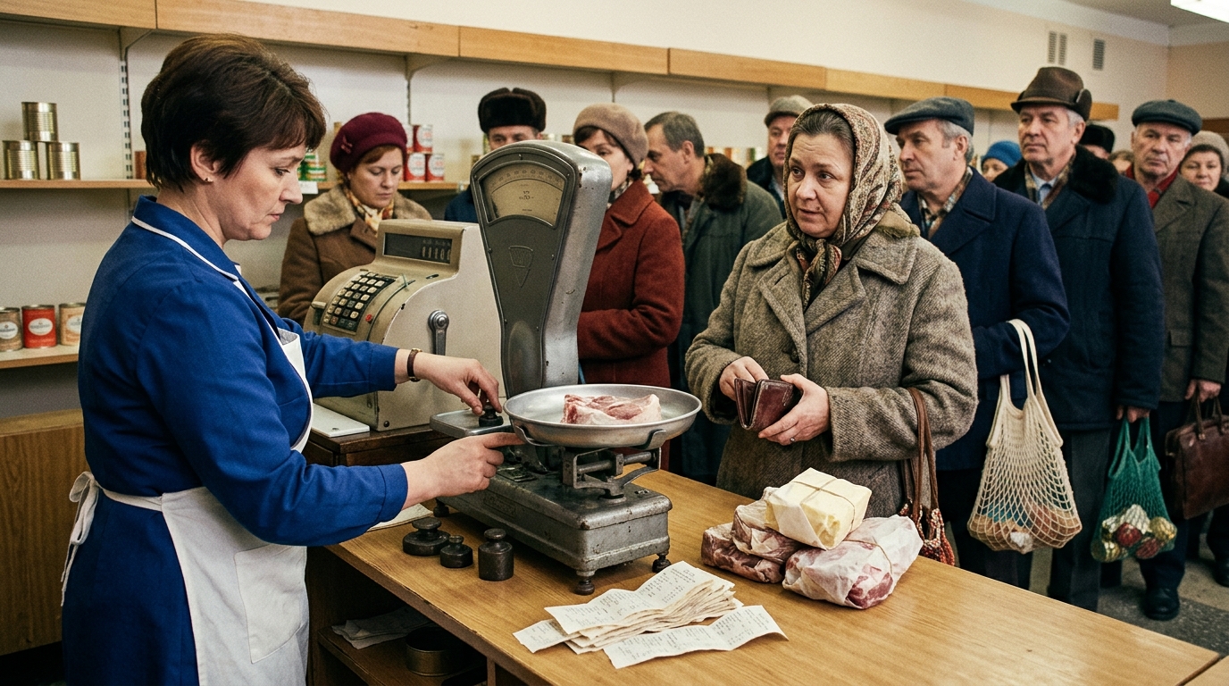 Продавец взвешивает мясо на рынке перед покупателем