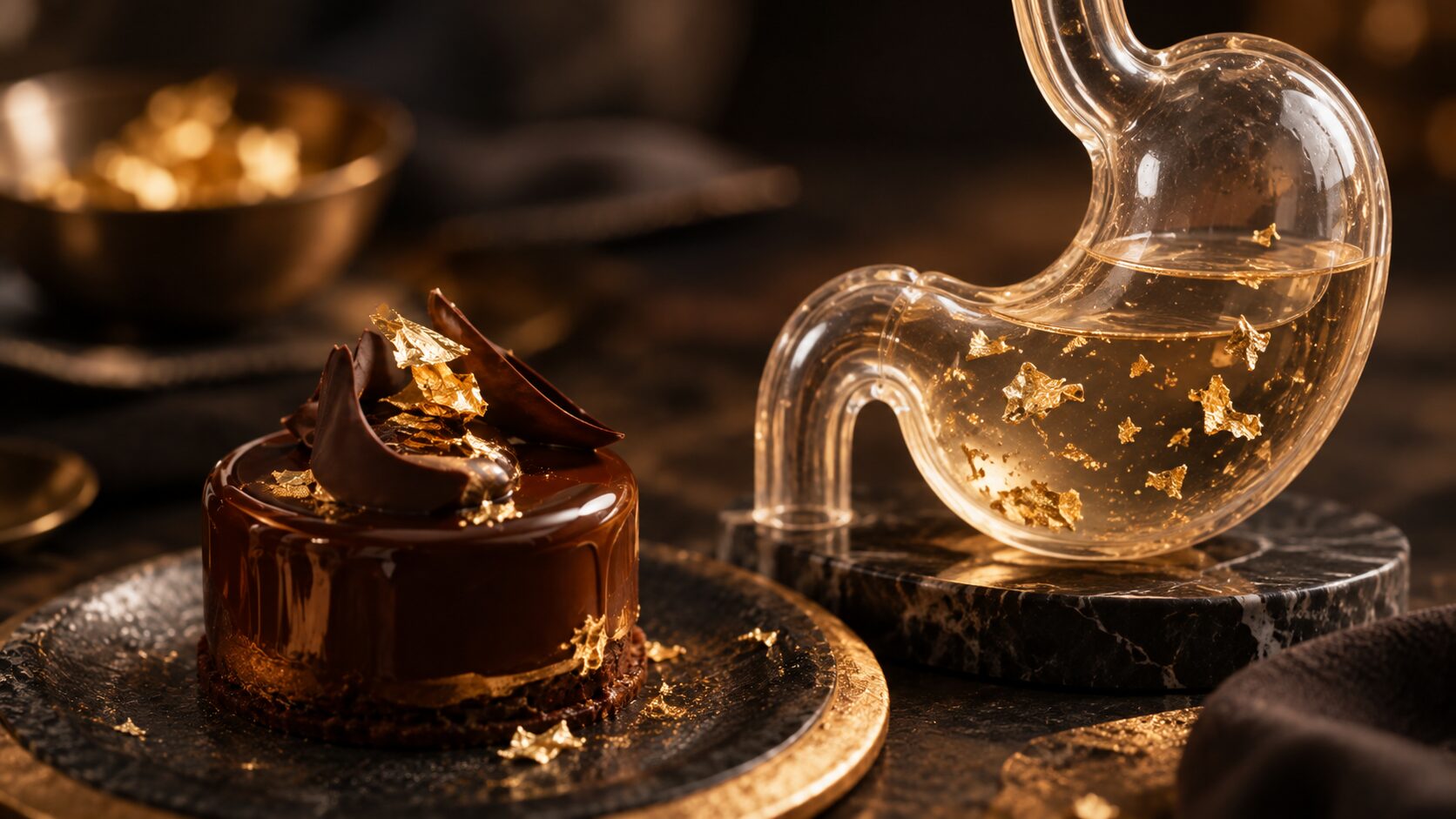 Золотые хлопья в стеклянной модели человеческого желудка
