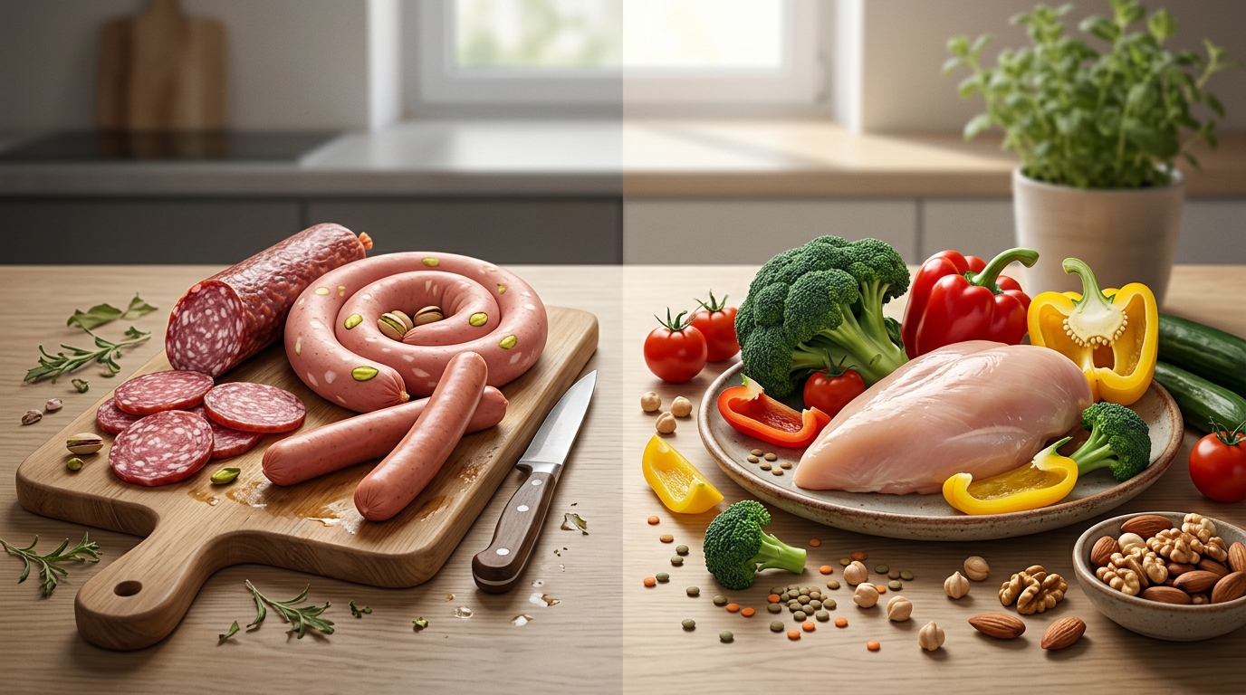 Колбасы и сосиски слева, свежая курица и овощи справа