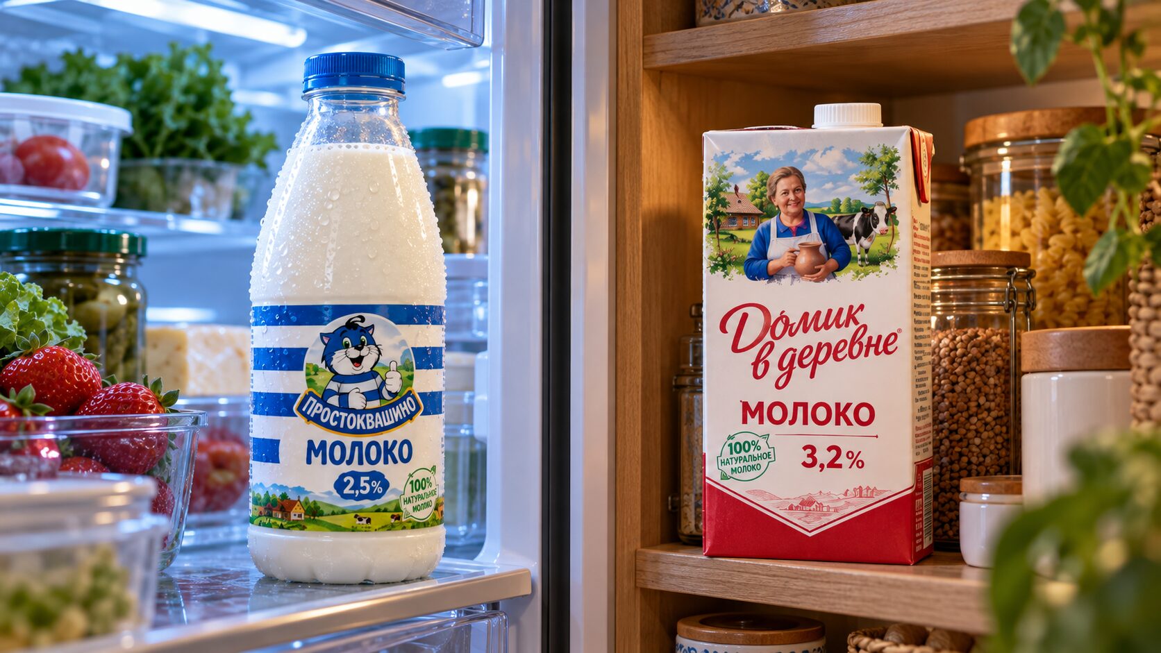 Бутылка молока в холодильнике и закрытый пакет на полке шкафа