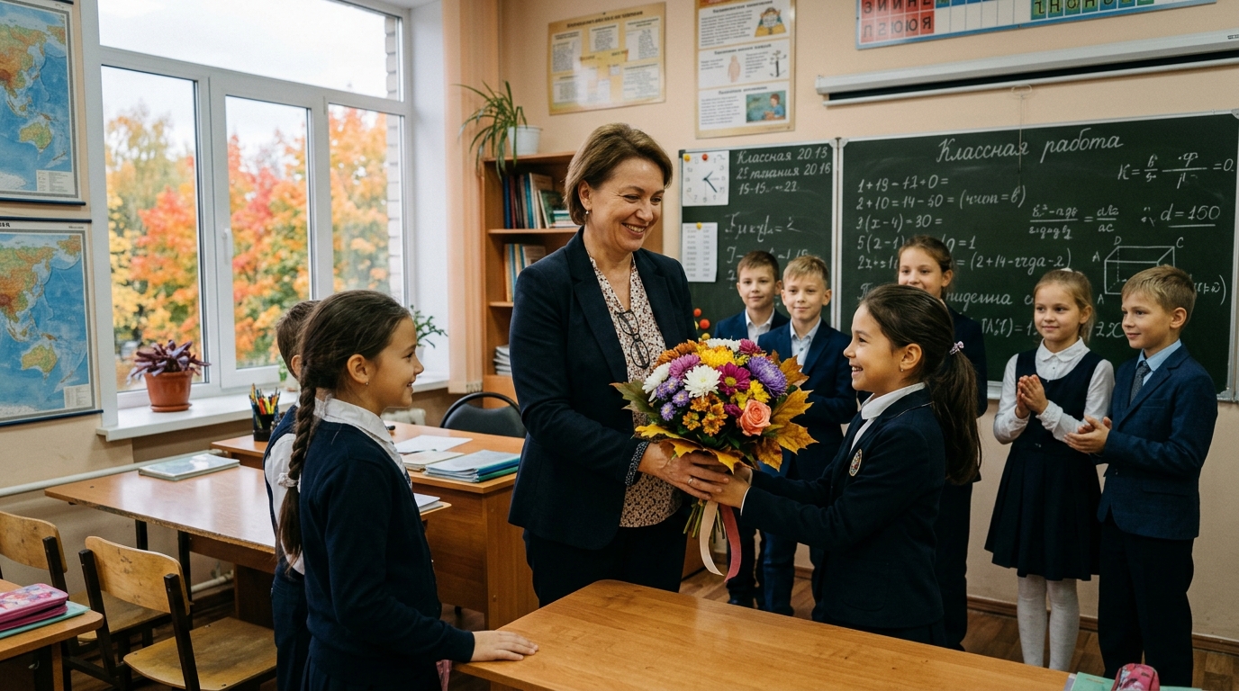 Ученики дарят букет цветов учительнице в классе
