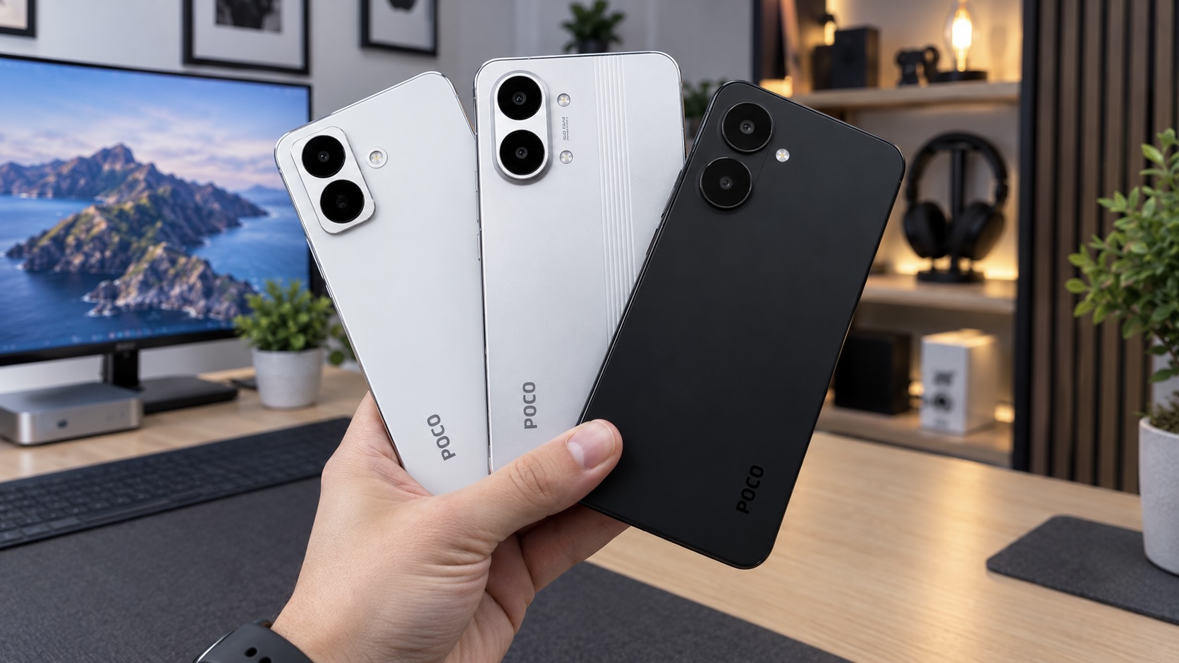 Три смартфона POCO X8, X8 Pro и X8 Pro Max в руке