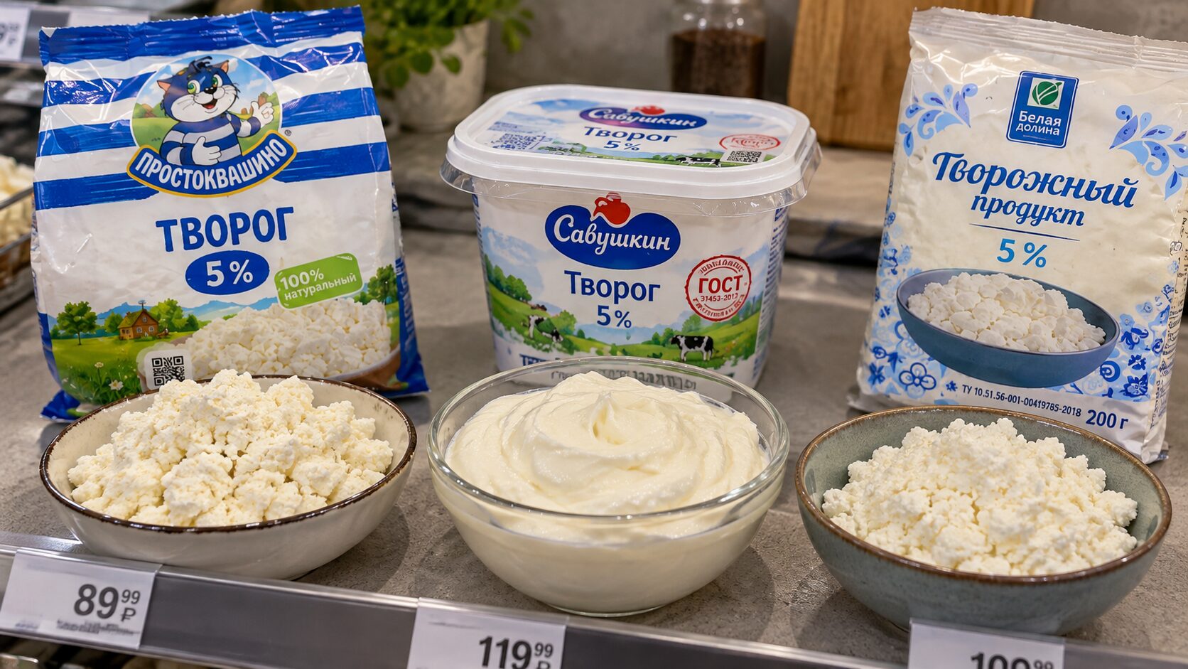 Зернистый и мягкий творог в мисках на фоне молочной продукции.