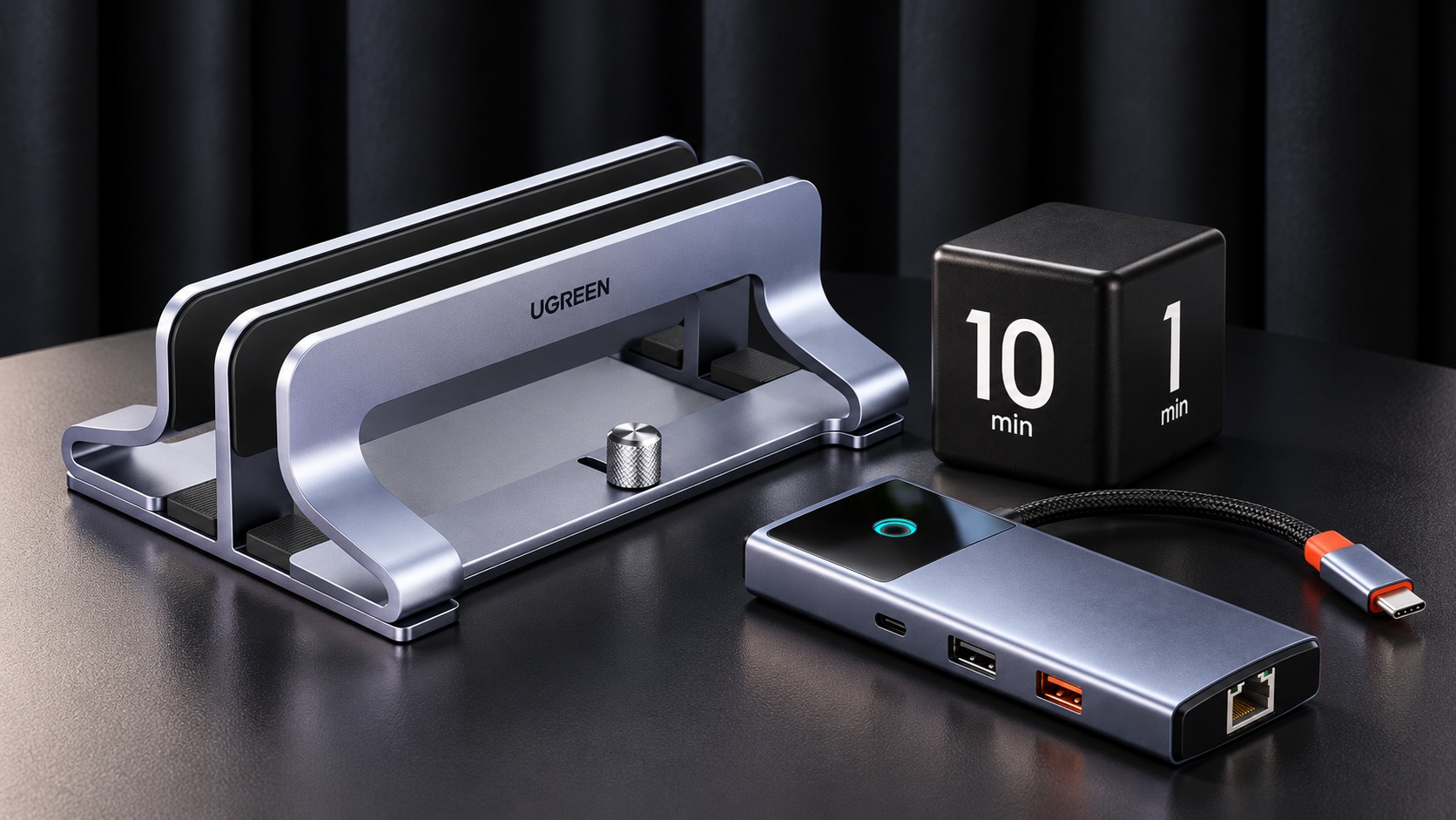 Вертикальная подставка, таймер помодоро и USB-хаб на рабочем столе